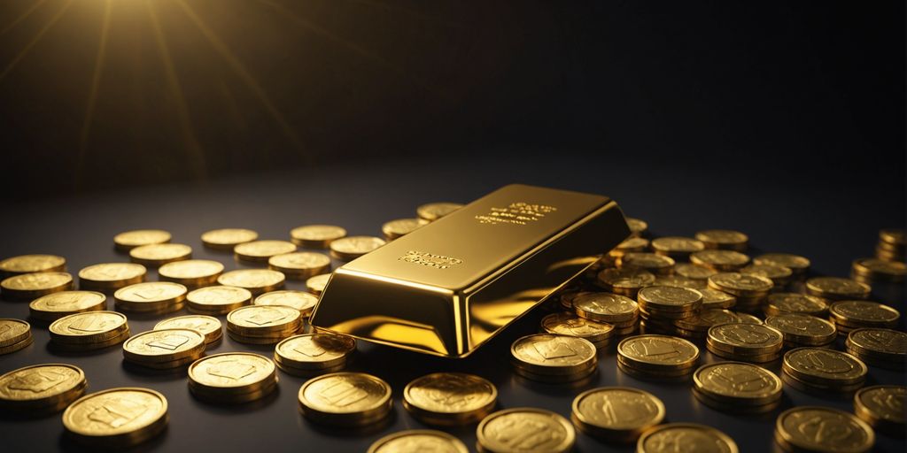 Gold bar with scattered gold coins