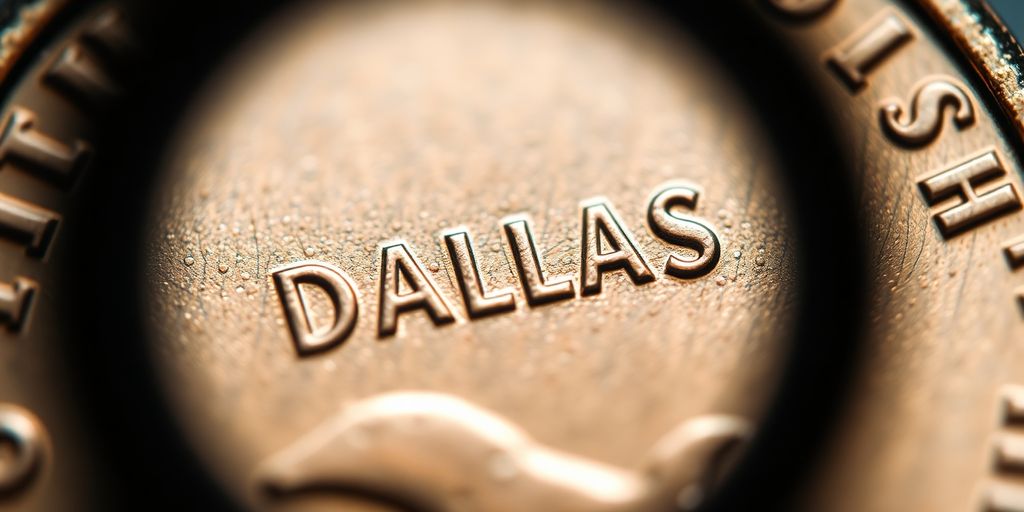Magnified Dallas coin revealing intricate details.