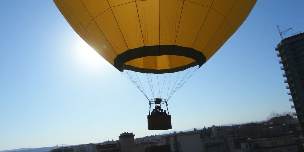 Montgolfière près des bâtiments en ville.