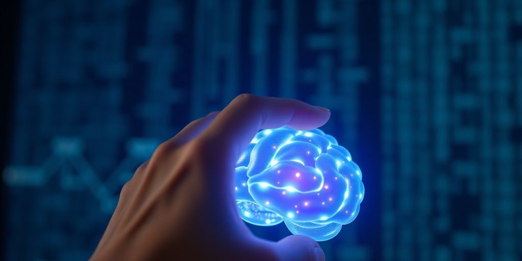 Human hand touching glowing AI brain.