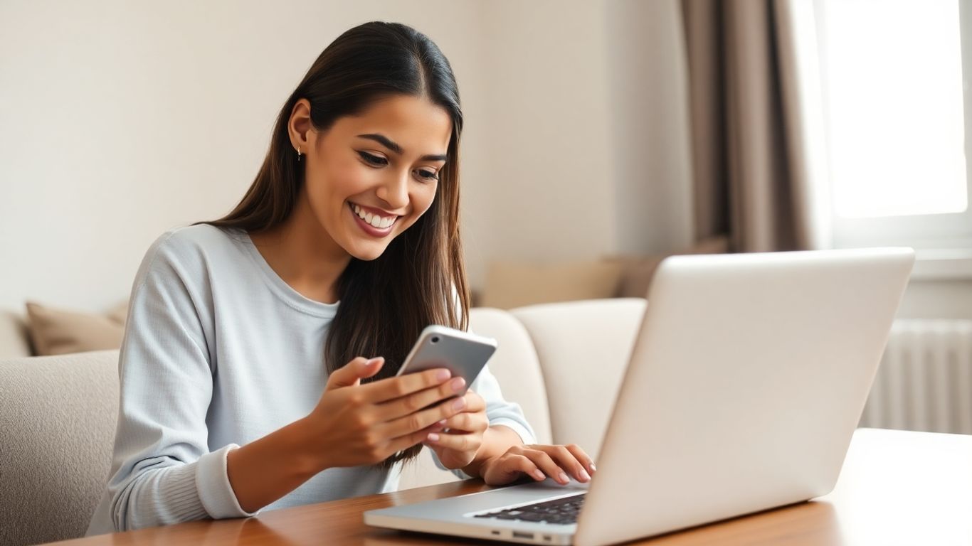 Mulher feliz usando celular em casa com laptop ao lado.