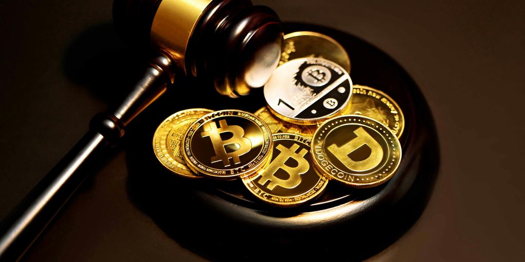 A gavel rests atop various cryptocurrency coins on a surface.