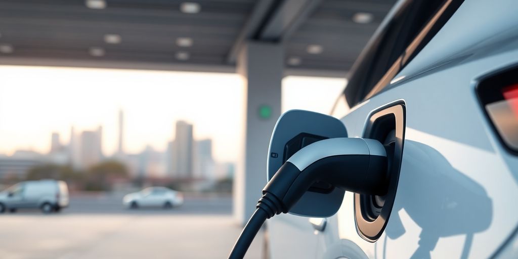 Electric vehicle charging at a modern charging station.