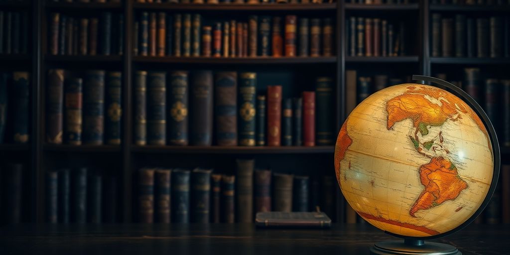 Bibliothèque sombre, globe terrestre éclairé, films