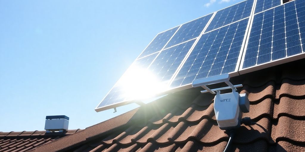 Solar panels on a roof with WiFi equipment nearby.