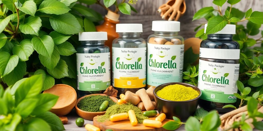Vibrant array of chlorella supplements with natural elements.