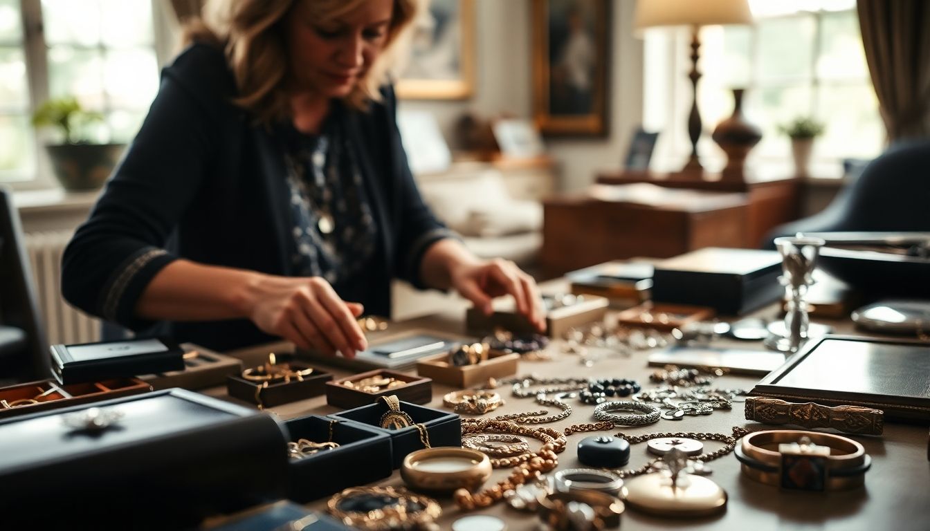 Person sorting valuable items in a bright room.