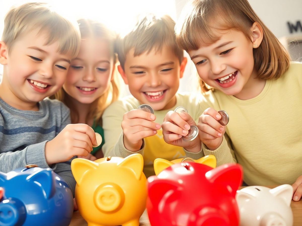 Copii fericiți economisind bani în pușculițe colorate.