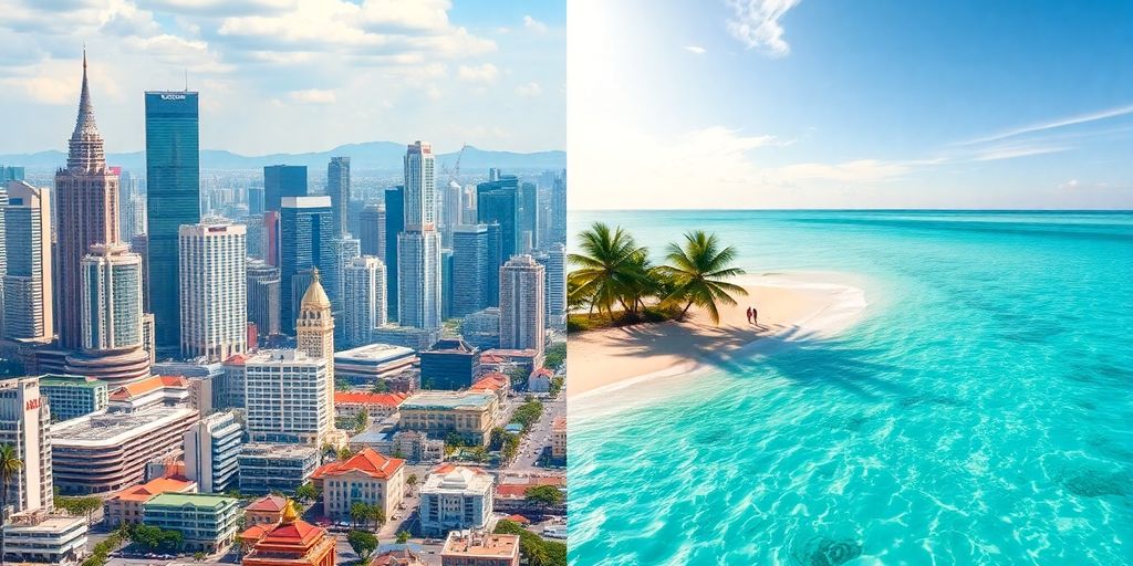 City skyline juxtaposed with tropical beach.