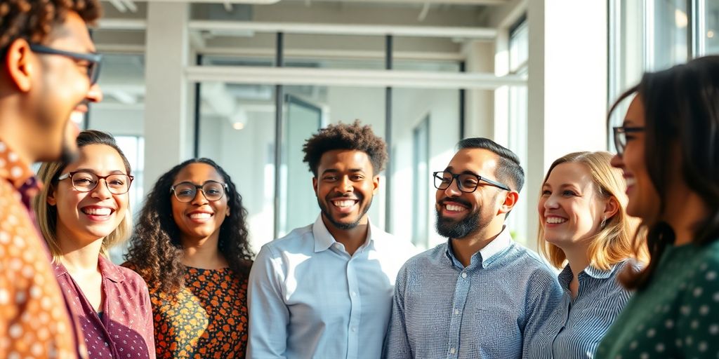 Glückliche Mitarbeiter in einem hellen Büro.