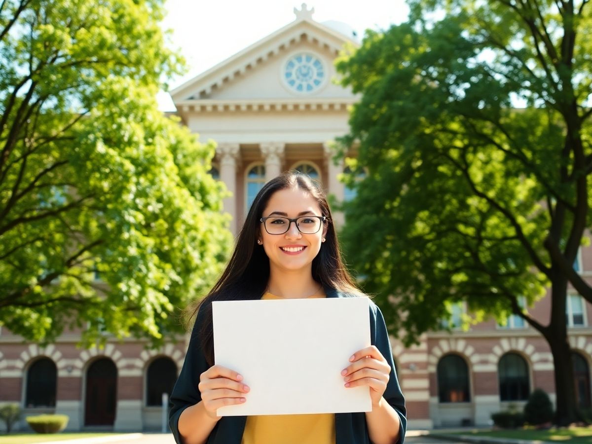 Studentul absolvind cu o diplomă în fața unei clădiri universitare luminoase.