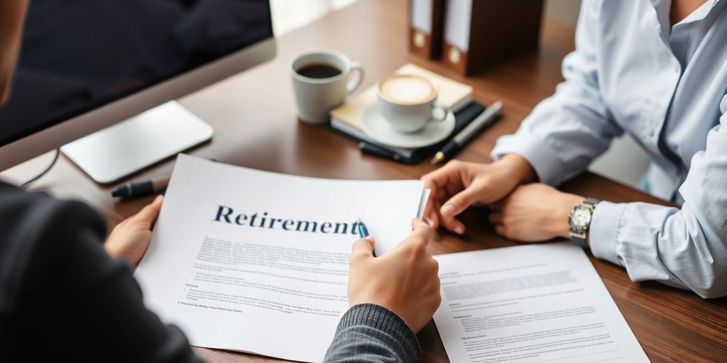 Une personne examinant des documents de retraite avec concentration.