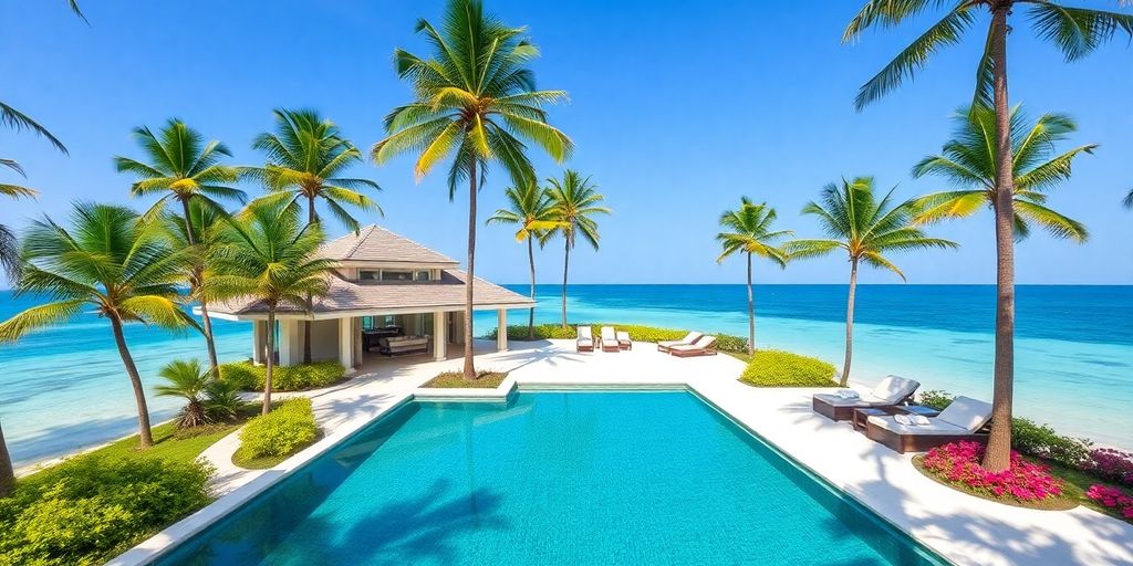 Beachfront villa with pool and palm trees in Koh Samui.