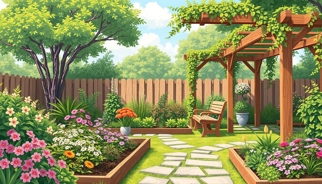Garden with wooden bench, flower beds, and pergola.