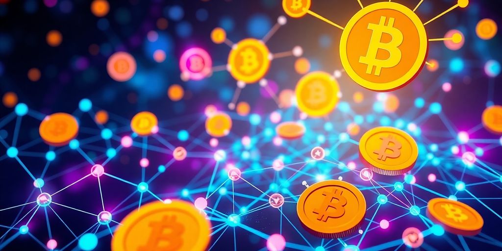 Futuristic digital landscape with interconnected currencies and nodes.