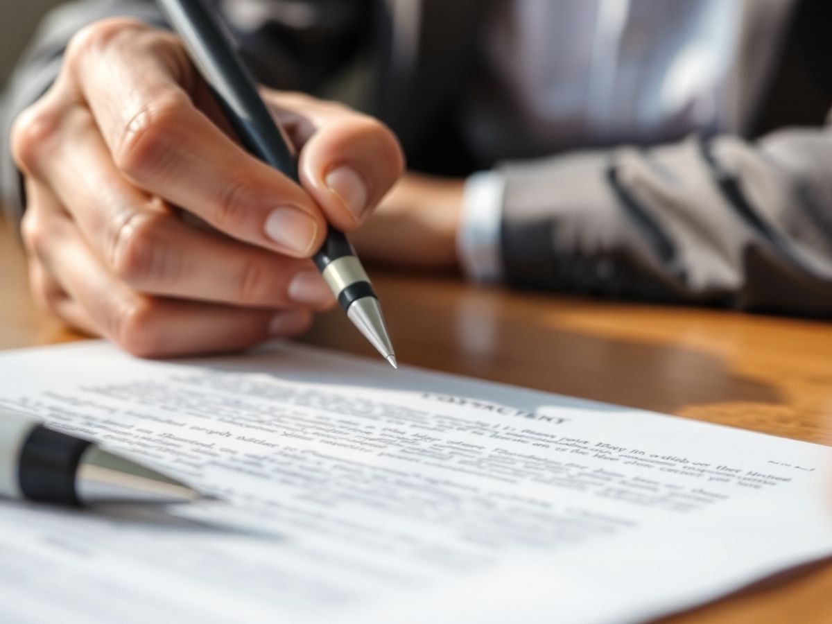 Mână semnând contract de muncă, prim-plan.