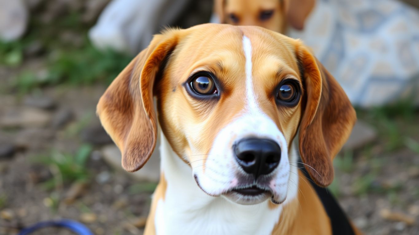 Close-up of a Beagle with floppy ears and expressive eyes.
