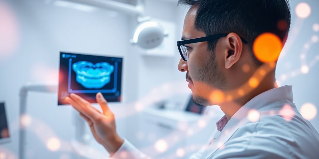 Orthodontist examining patient with AI overlay.