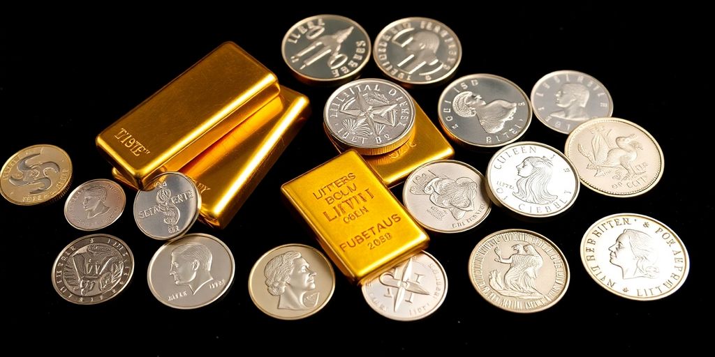 Lingots d'or et pièces de métaux précieux.