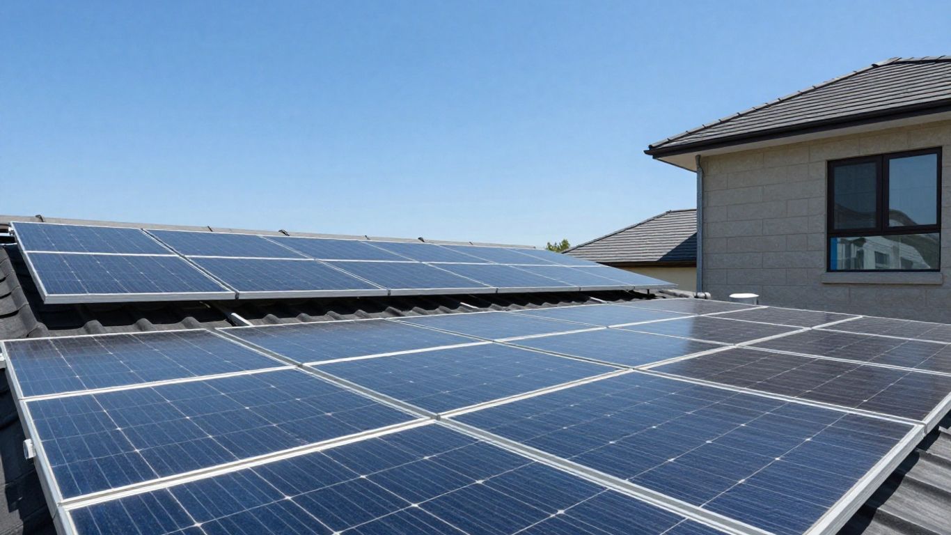 青い空の下、屋根に設置された太陽光パネル。