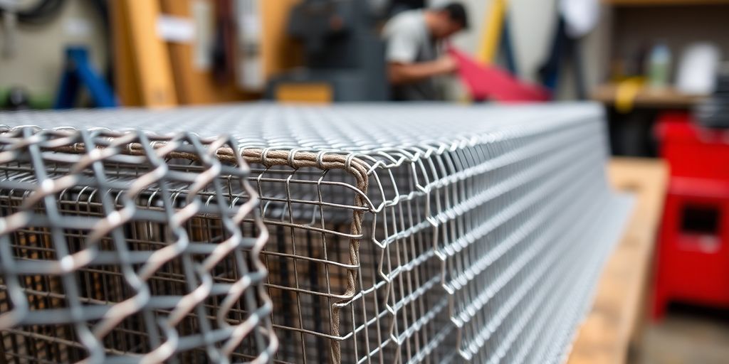 Various metal mesh materials on a workbench.