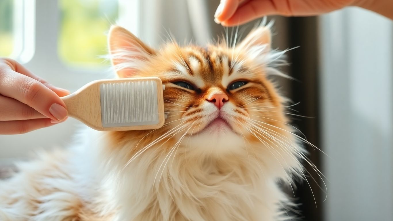 Cat enjoying a gentle grooming session with a soft brush.