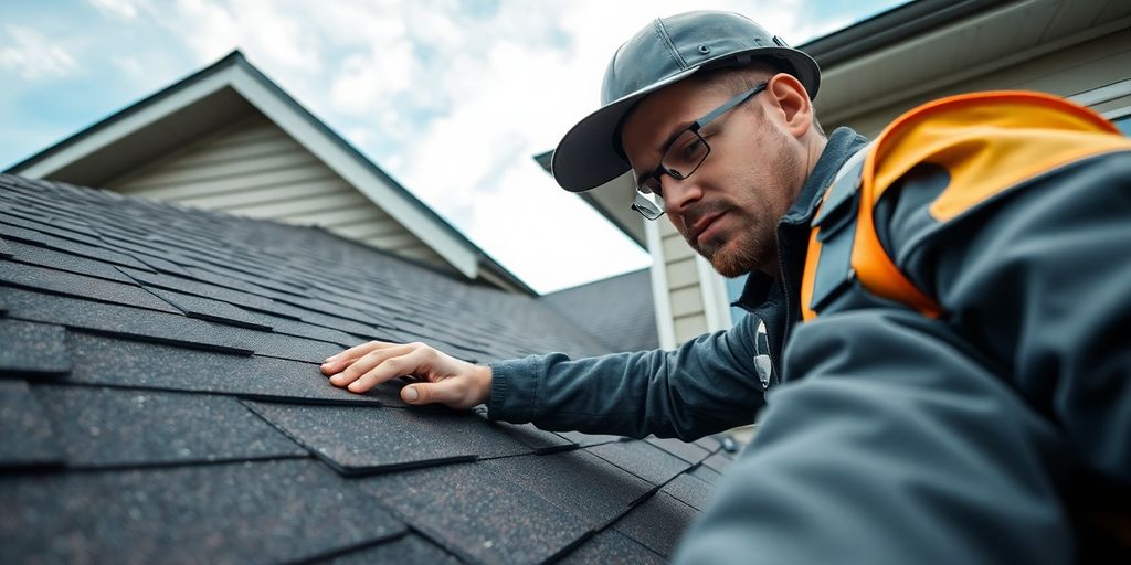 Man on roof, checking shingles.