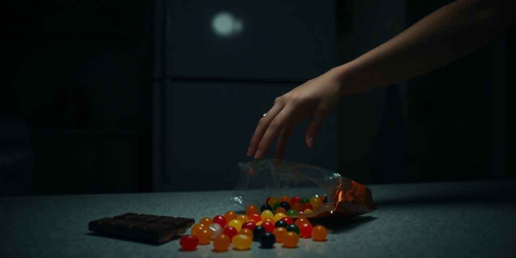 Woman reaching for candy at night.