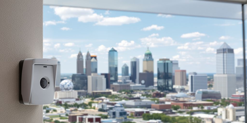 Oklahoma City skyline with a security alarm sensor.