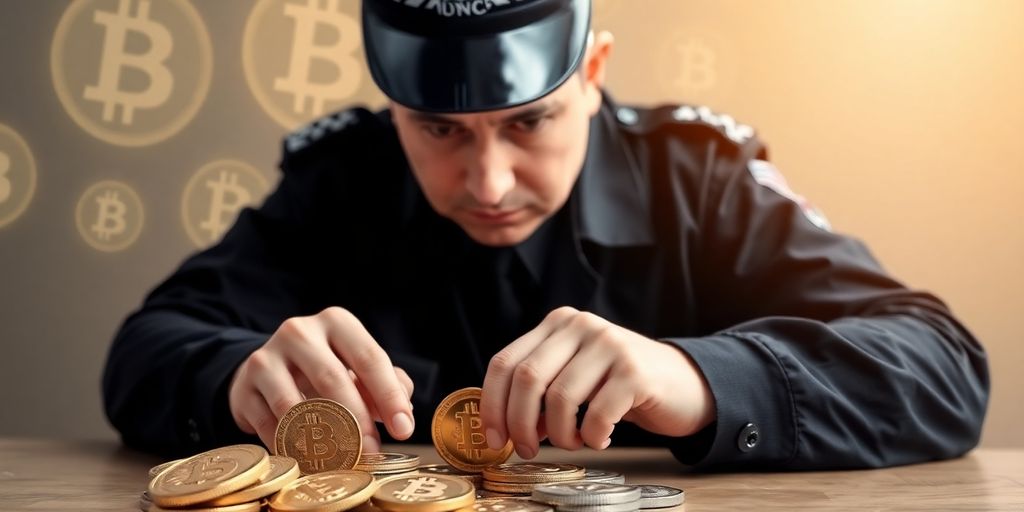 UK officer with cryptocurrency symbols in the background.