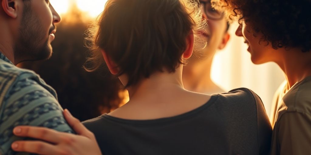 Diverse group, warm light, embracing.