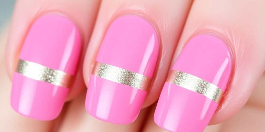 Unhas rosa com listras metálicas em imagem detalhada.