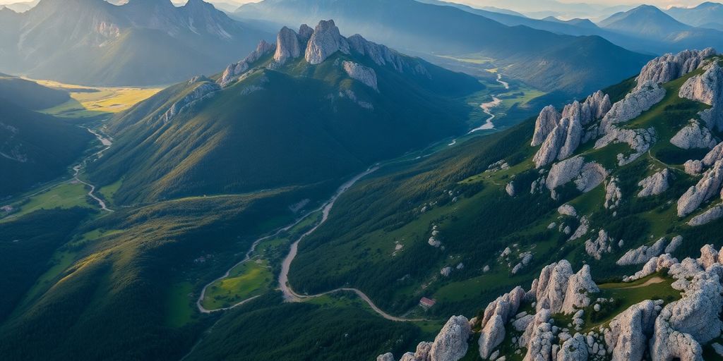 Vue aérienne des montagnes des Carpates en Roumanie.