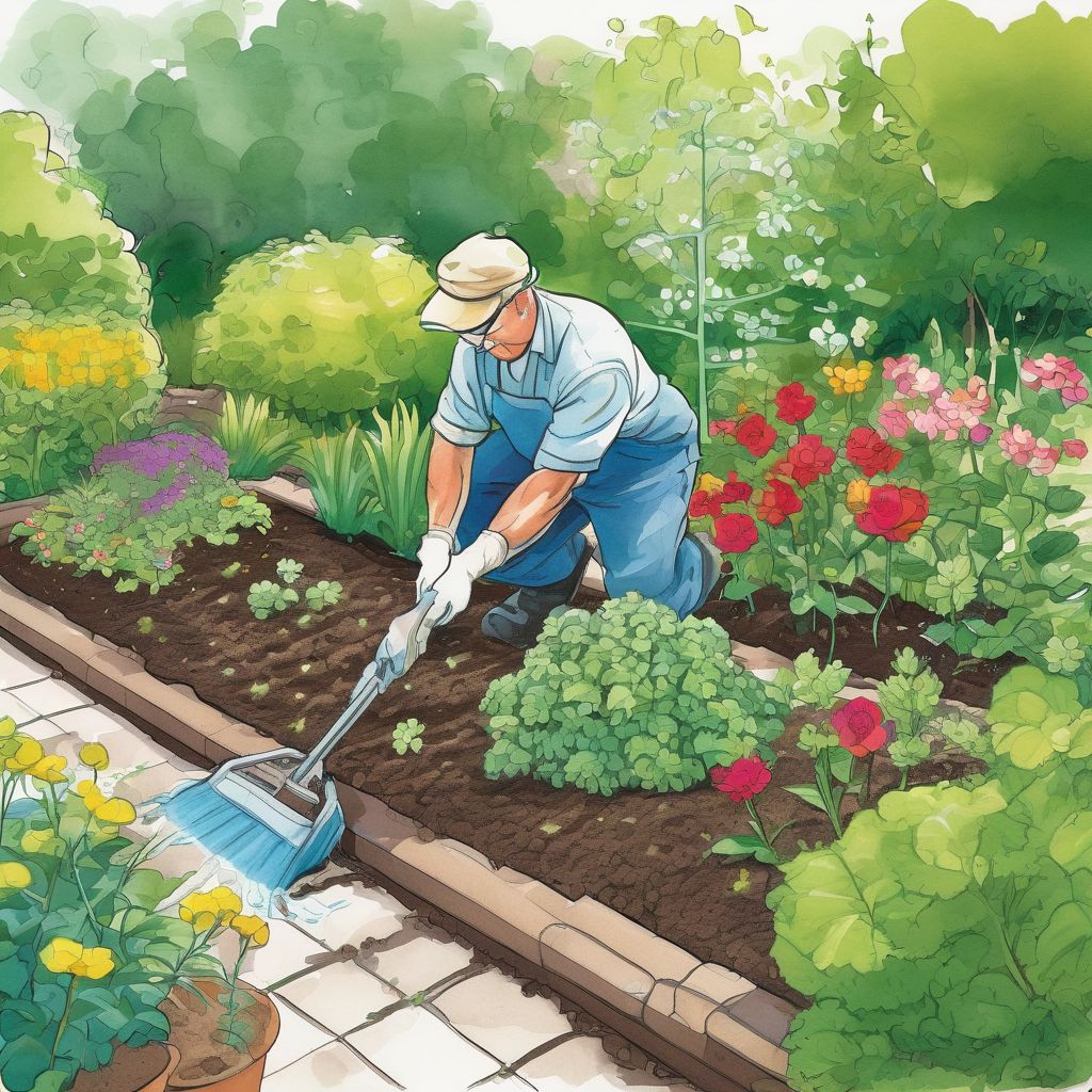 gardener applying water-soluble fertilizer to garden plants