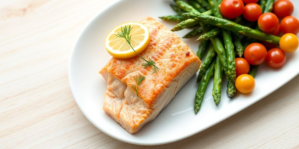 Grilled salmon with fresh vegetables.