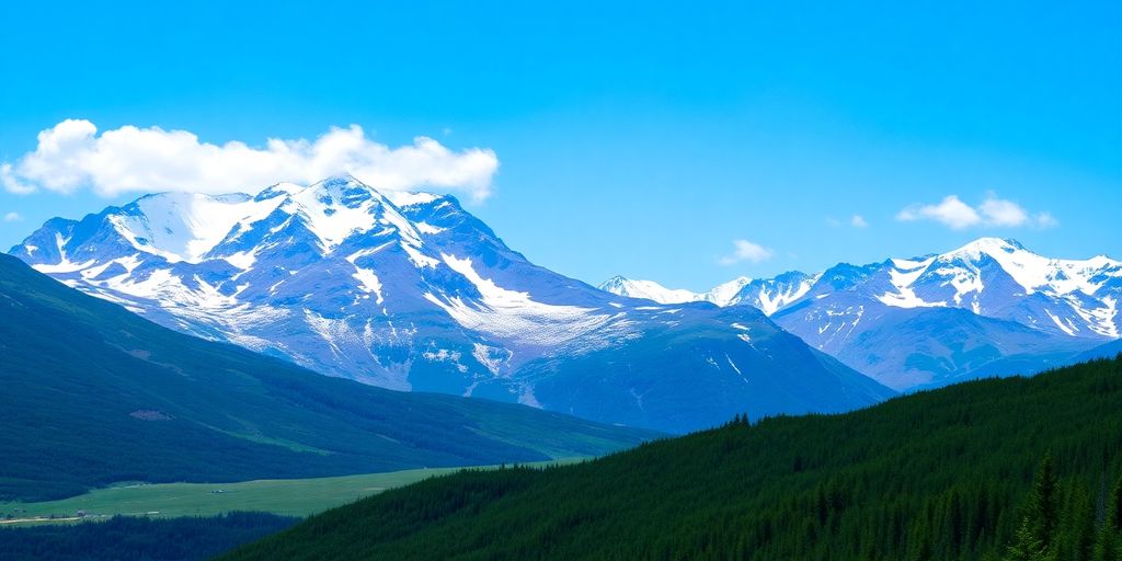 Snow-capped mountains in summer Alaska landscape.