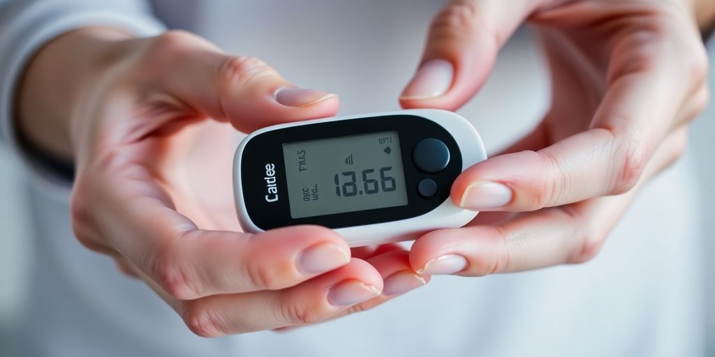 Person using a blood glucose monitor.
