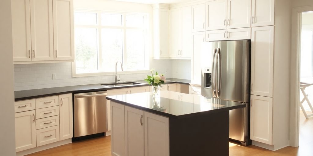 Well-lit modern kitchen with white cabinets, dark island.
