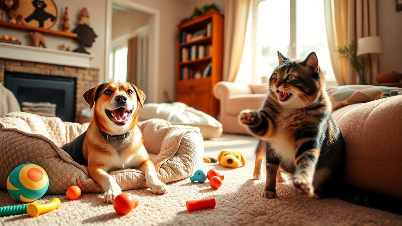 Cachorro e gato brincando em uma sala aconchegante.