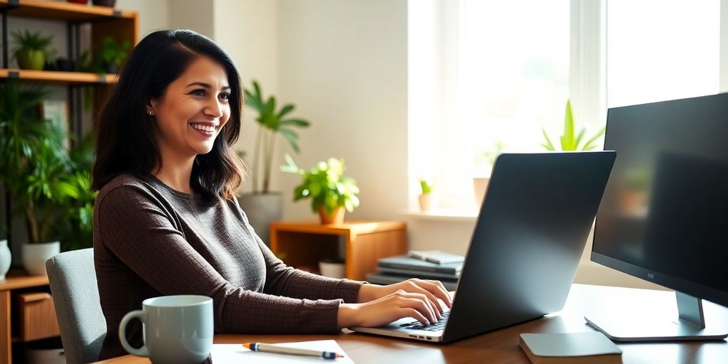 Mother using laptop at home desk with plants and toys