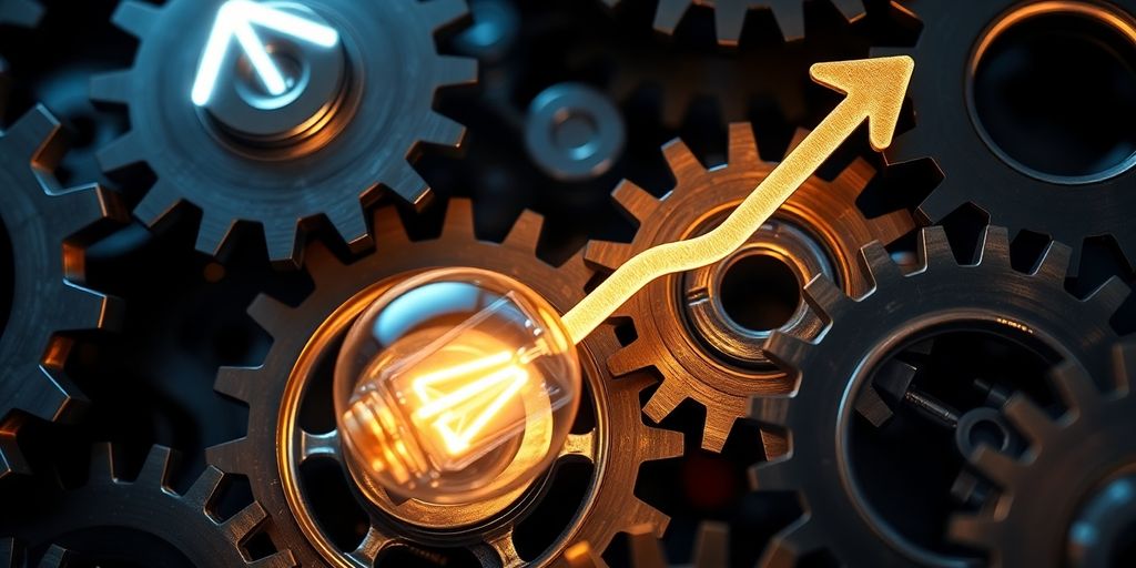 Gears turning, lightbulb glowing, growth arrow.