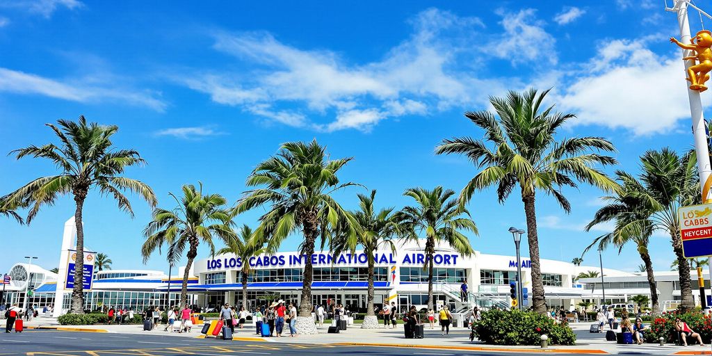 Los Cabos International Airport with travelers and palm trees.