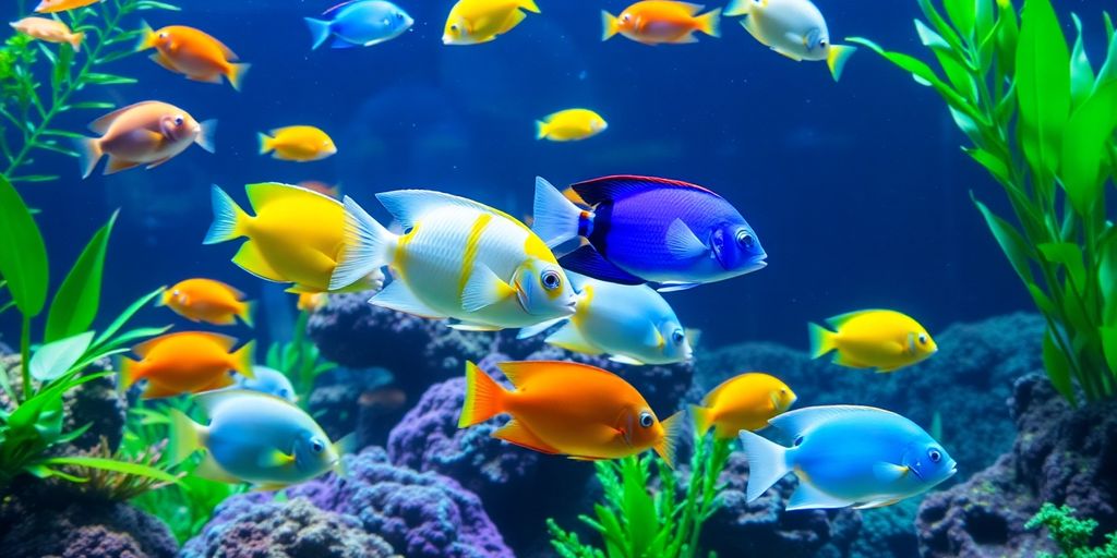 Makukulay na tropikal na isda na lumalangoy sa isang masiglang aquarium.