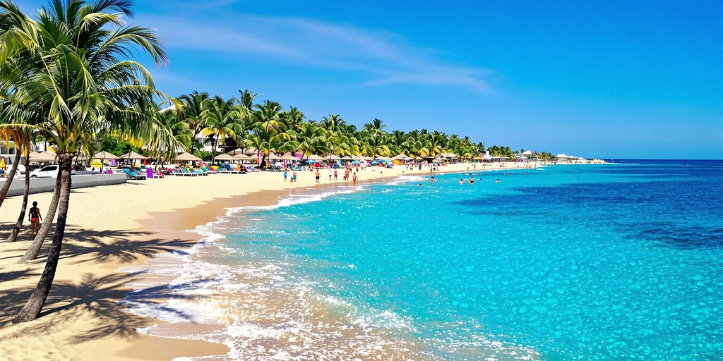 Cabo San Lucas beach with palm trees and umbrellas.