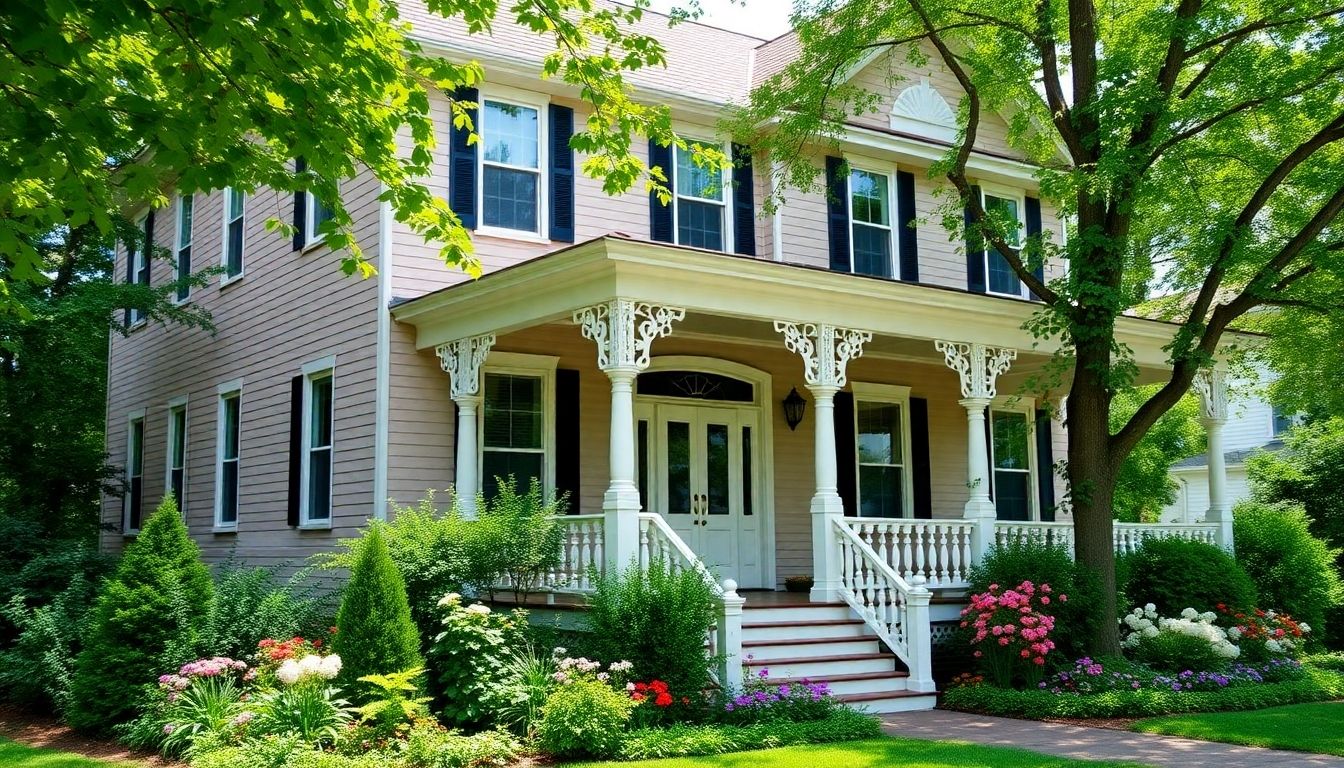 Restored historic home with vintage architecture and greenery.