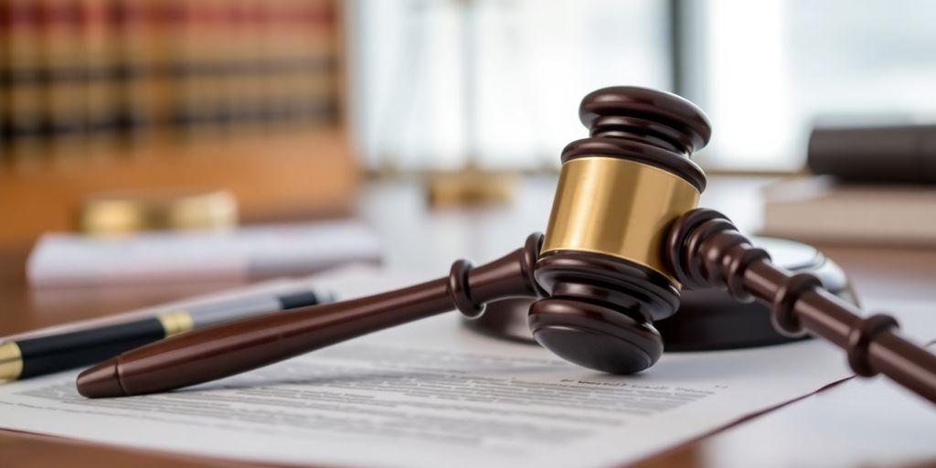Legal gavel on documents in a law office setting.