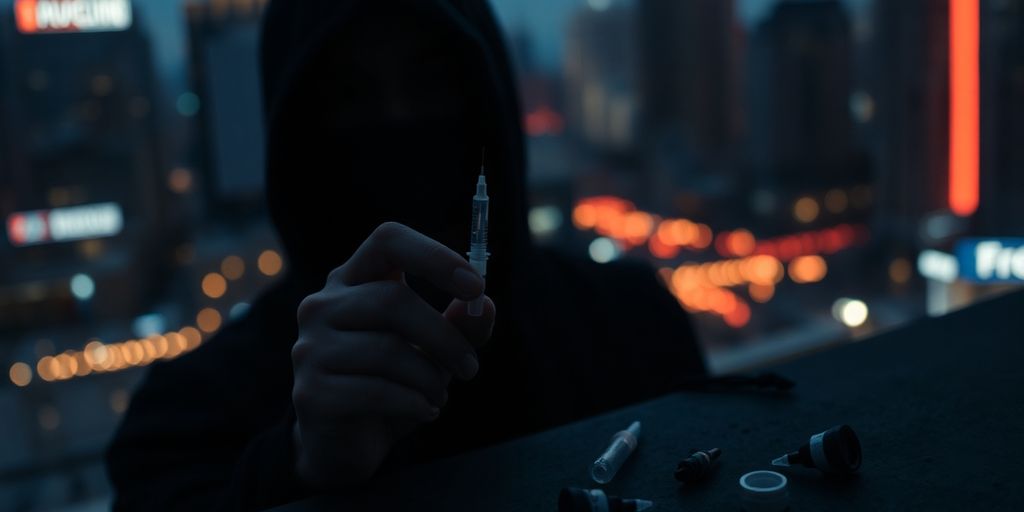 Distressed figure, blurred city lights, drug paraphernalia.