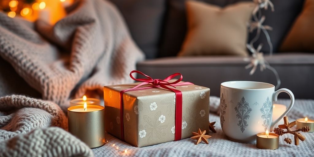 Cozy gift setting with blanket, candles, and tea.