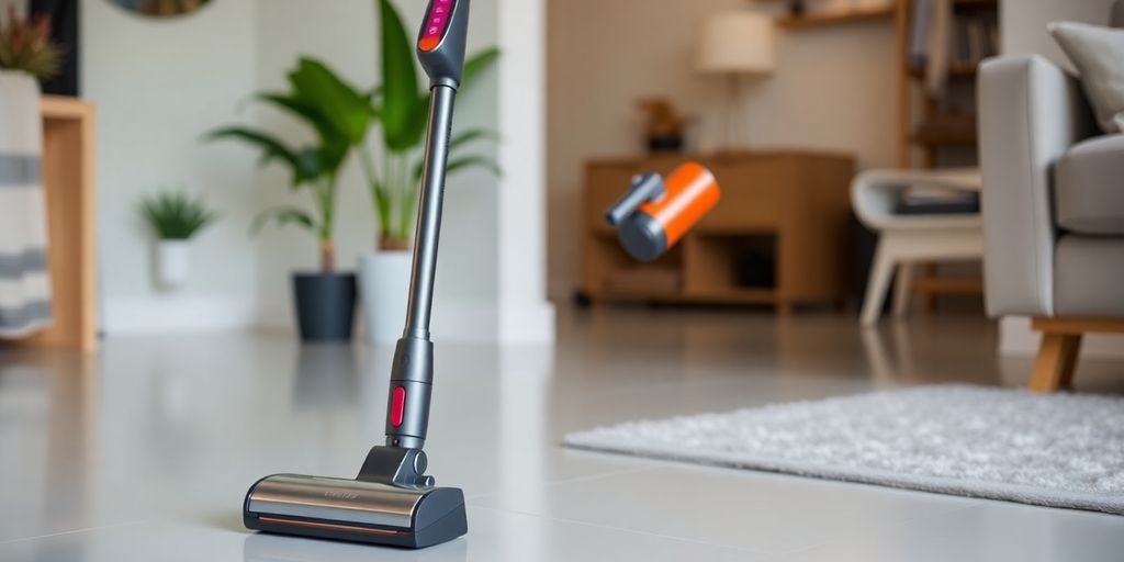 Kabelloser Staubsauger im eleganten Design auf einem Tisch.