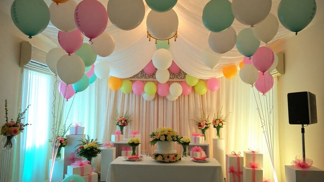 Elegant baby shower venue with balloons and floral arrangements.